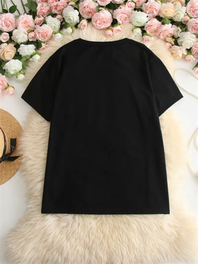 Baskılı Oversize Bisiklet Yaka T-shirt - Siyah