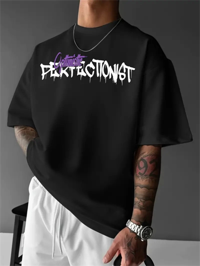 Baskılı Oversize Bisiklet Yaka T-shirt - Siyah