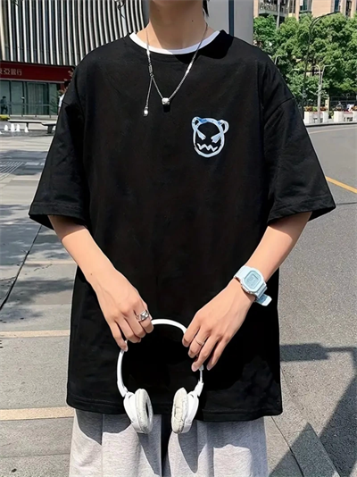 Baskılı Oversize Bisiklet Yaka T-shirt - Siyah