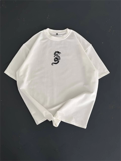 Baskılı Oversize Bisiklet Yaka T-shirt - Beyaz