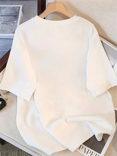 Baskılı Oversize Bisiklet Yaka T-shirt - Beyaz