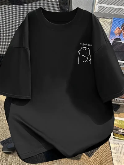 Baskılı Oversize Bisiklet Yaka T-shirt - Siyah