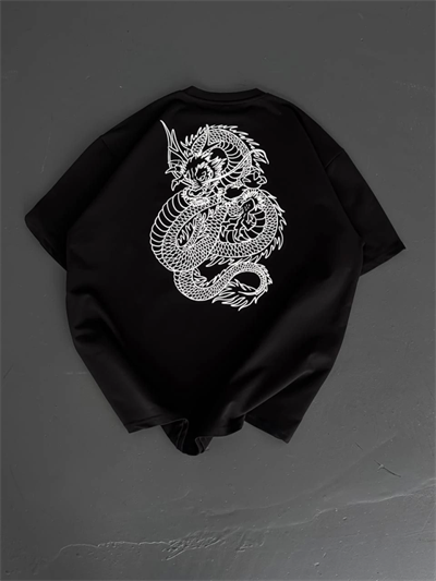 Baskılı Oversize Bisiklet Yaka T-shirt - Siyah