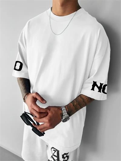 Baskılı Oversize Bisiklet Yaka T-shirt - Beyaz