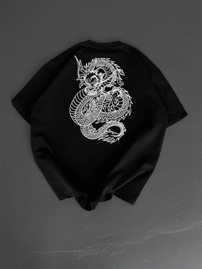 Baskılı Oversize Bisiklet Yaka T-shirt - Siyah