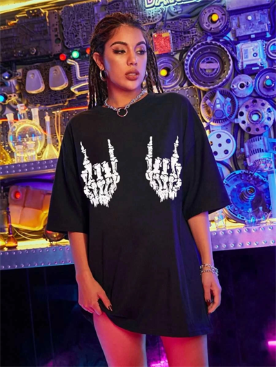 Baskılı Oversize T-shirt - Siyah