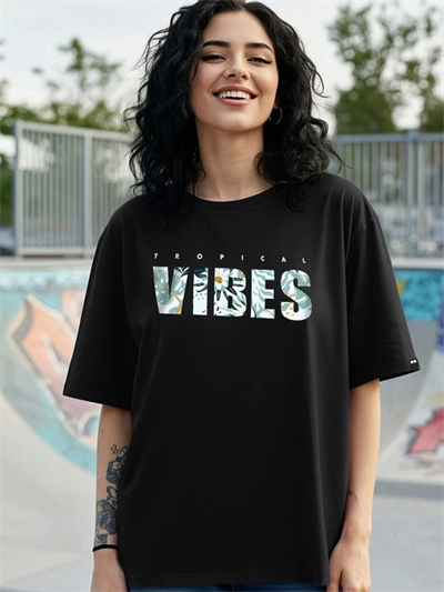 Baskılı Oversize T-shirt - Siyah