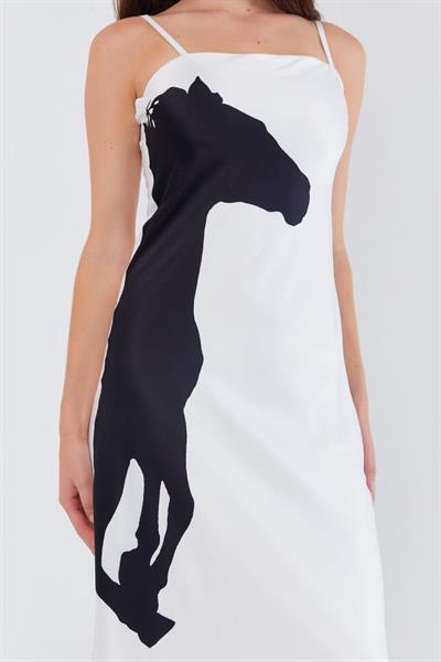 Baskılı Saten Elbise - Ekru