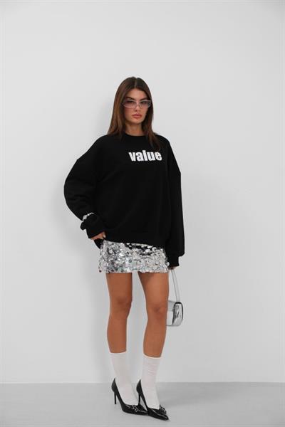 Baskılı Sıfır Yaka Oversize Sweatshirt