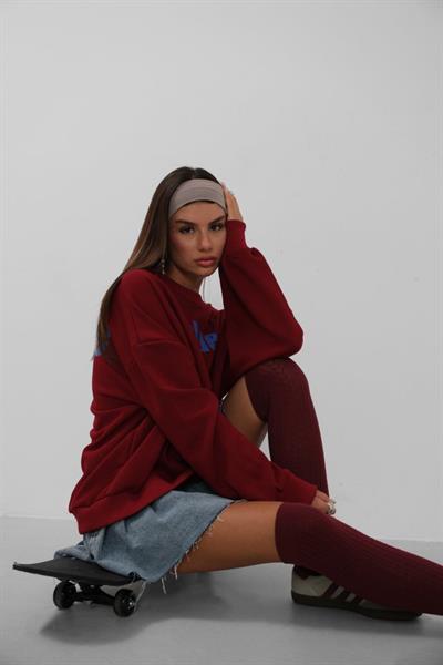 Baskılı Sıfır Yaka Oversize Sweatshirt