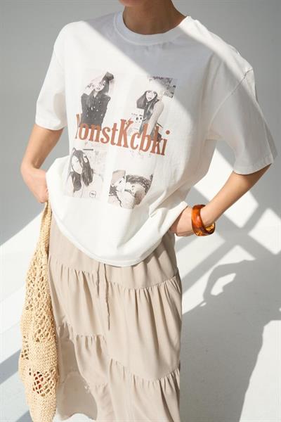 Baskılı T-Shirt - Krem