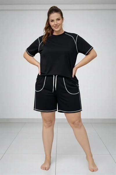 Battal Beden Kısa Kollu Tişört Şort Takım Kontrast Dikiş Detaylı Günlük Ev Giyimi - Siyah