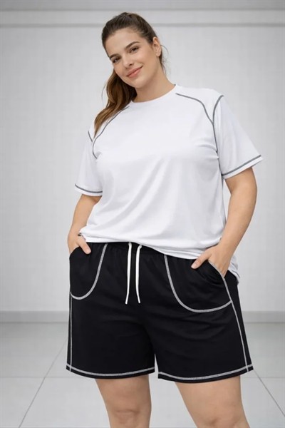 Battal Beden Kısa Kollu Tişört Şort Takım Kontrast Dikiş Detaylı Günlük Ev Giyimi - Beyaz