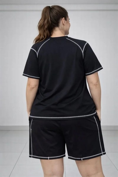 Battal Beden Kısa Kollu Tişört Şort Takım Kontrast Dikiş Detaylı Günlük Ev Giyimi - Siyah