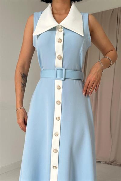 Bebe Mavi Geniş Yakalı Halter Kollu Elbise