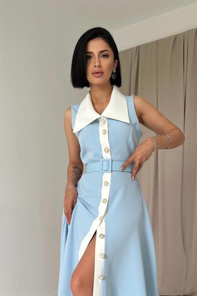 Bebe Mavi Geniş Yakalı Halter Kollu Elbise