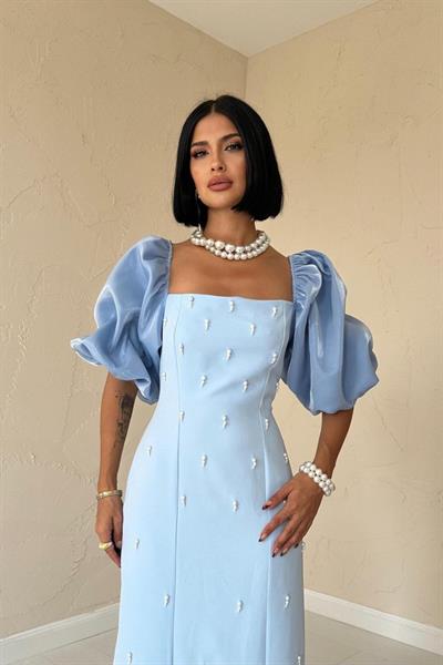 Bebe Mavi İşlemeli Kolu Garnili Elbise