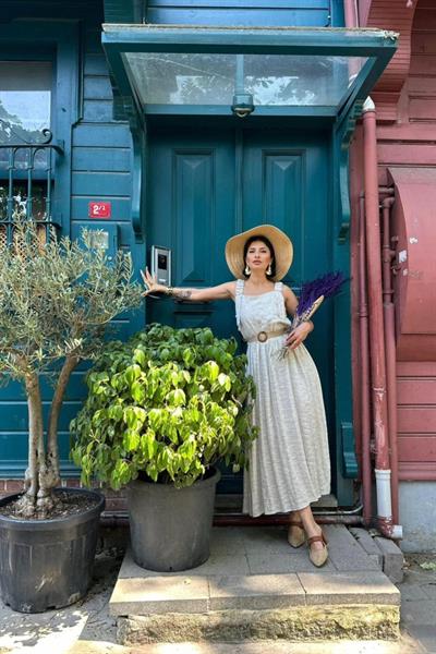 Bej Askısı Lastikli Keten Elbise