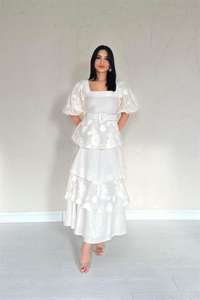 Bej Balon Kollu Kat Kat Elbise