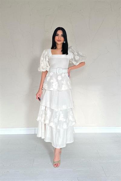 Bej Balon Kollu Kat Kat Elbise