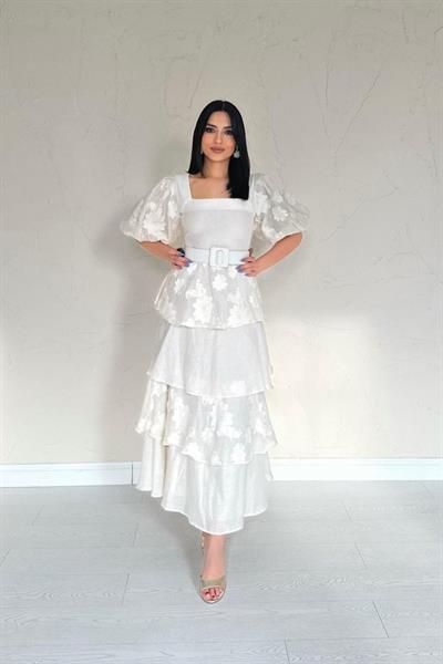 Bej Balon Kollu Kat Kat Elbise