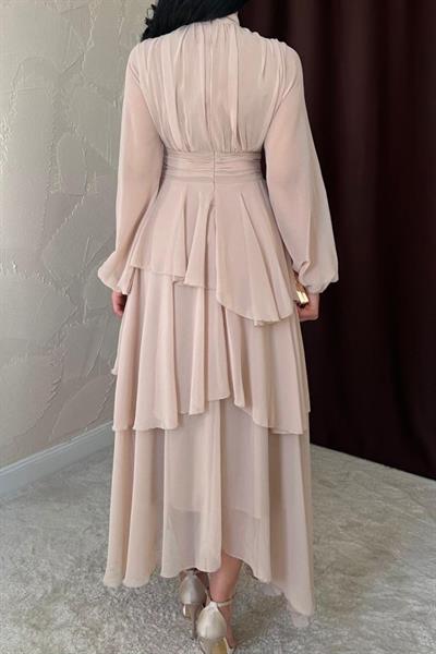 Bej Bel Detaylı Elbise