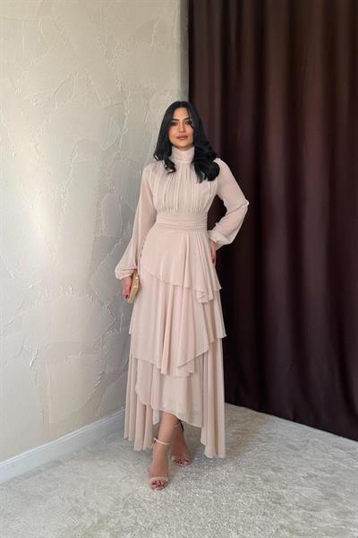 Bej Bel Detaylı Elbise