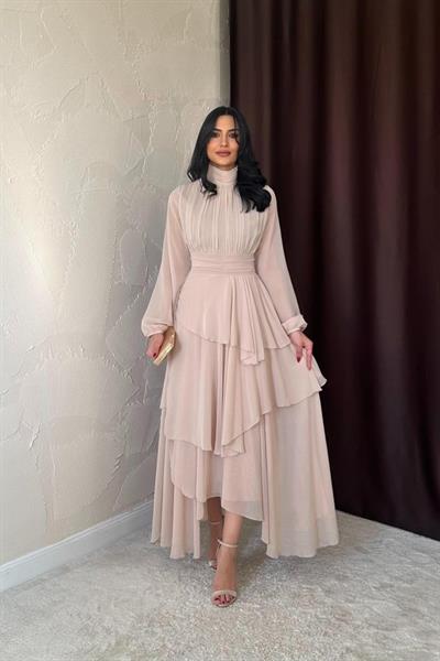 Bej Bel Detaylı Elbise