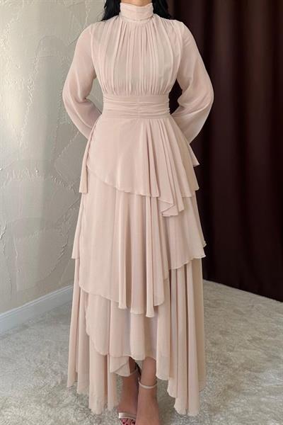 Bej Bel Detaylı Elbise