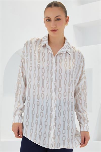 Bej Beyaz Desenli Oversize Saten Gömlek 3985