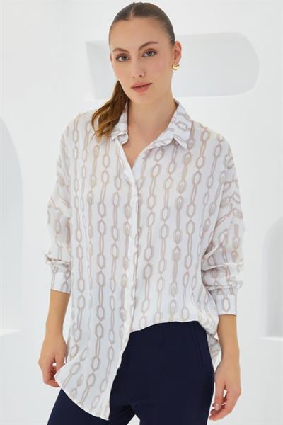 Bej Beyaz Desenli Oversize Saten Gömlek 3985