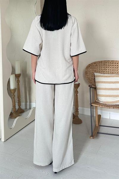 Bej Biye Detaylı Keten Takım