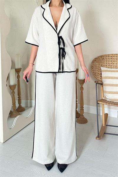 Bej Biye Detaylı Keten Takım