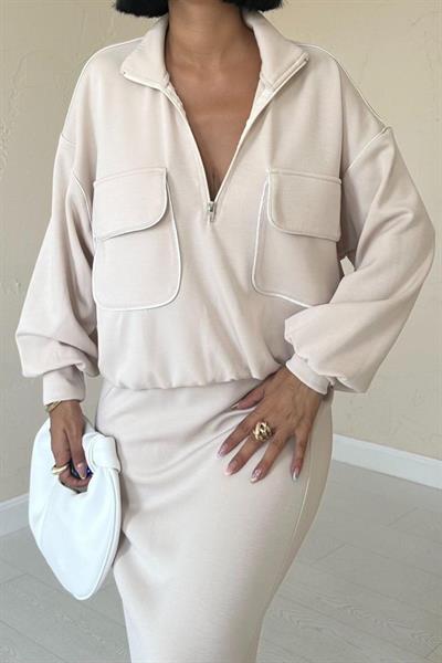 Bej Biyeli Sweatshirt Ve Etek Takım