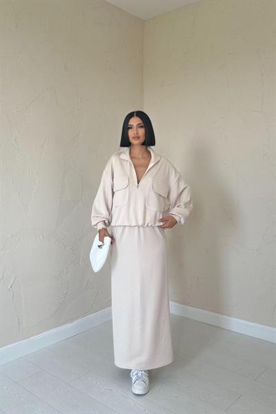 Bej Biyeli Sweatshirt Ve Etek Takım