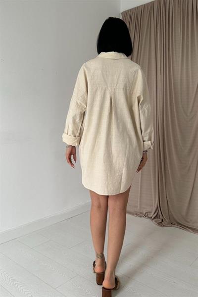 Bej Boyamalı Keten Baskılı Taşlı Gömlek