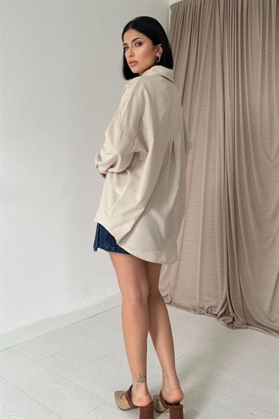 Bej Boyamalı Keten Baskılı Taşlı Gömlek