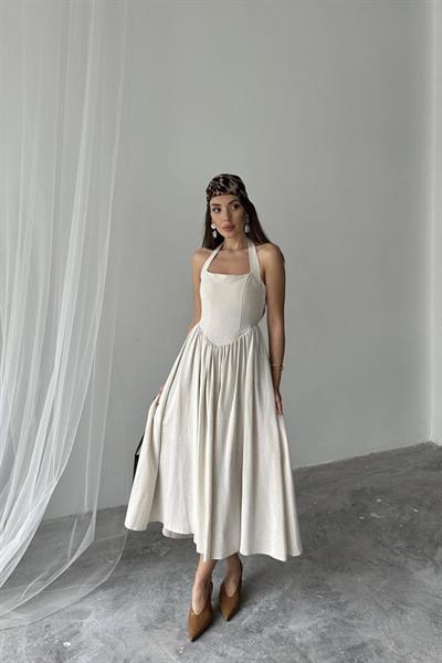 Bej Boyundan Bağlamalı Keten Elbise