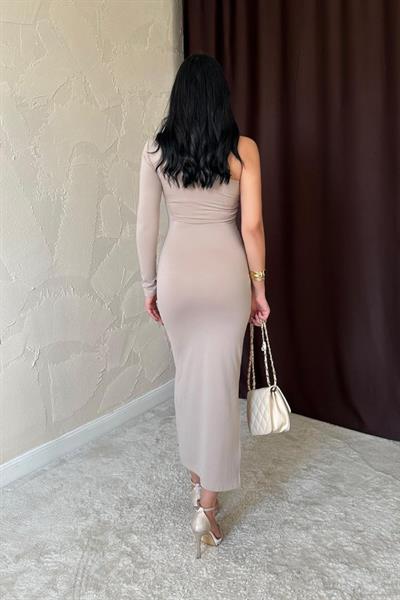 Bej Büzgü Detaylı Tek Omuz Elbise