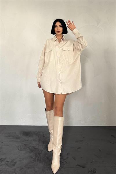 Bej Çift Cep Kapaklı Çıtçıtlı Gömlek