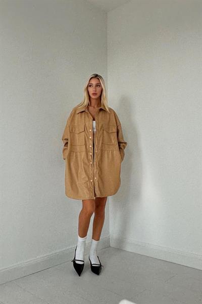 Bej Çıtçıt Kapama Cepli Deri Ceket