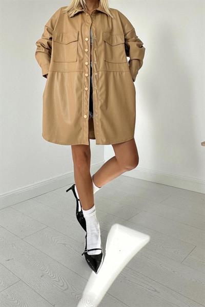 Bej Çıtçıt Kapama Cepli Deri Ceket