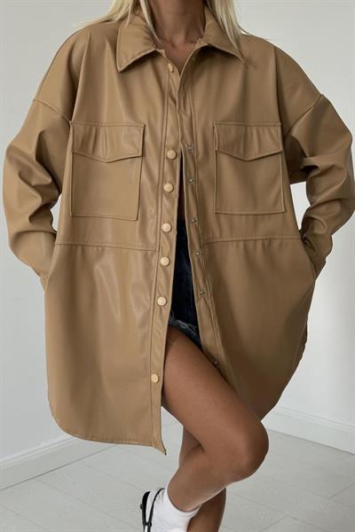 Bej Çıtçıt Kapama Cepli Deri Ceket