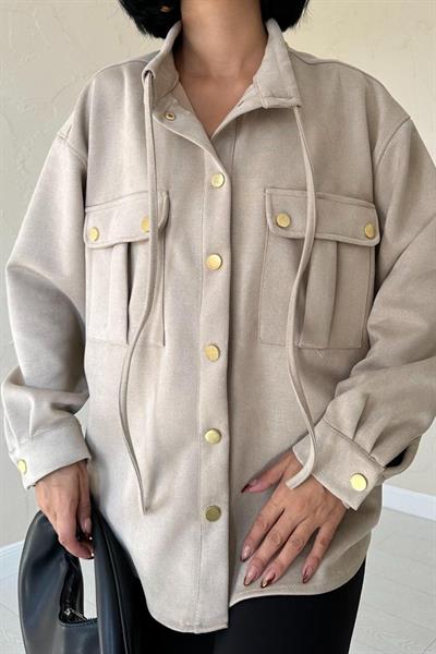 Bej Çıtçıtlı Süet Gömlek