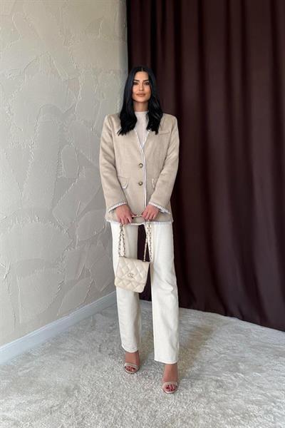 Bej Çizgili Astarlı Garnili Süet Ceket