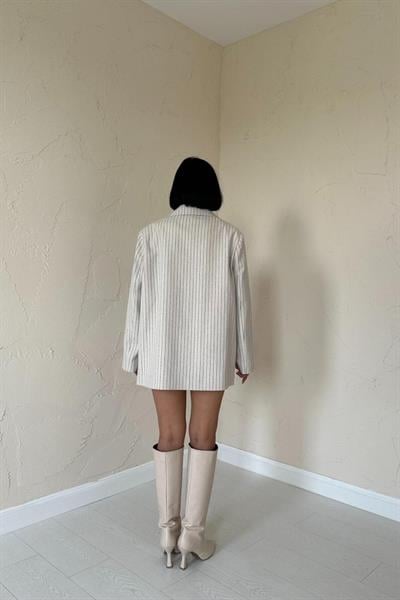 Bej Çizgili Oversize Ceket