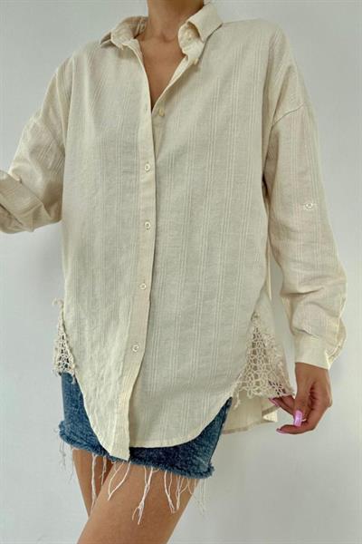 Bej Dantel Detaylı Keten Gömlek