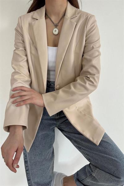 Bej Düğmeli Deri Ceket