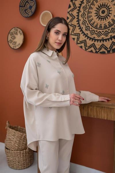 Bej Gömleği Taşlı Fitilli Takım