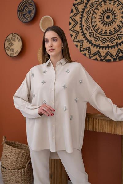 Bej Gömleği Taşlı Fitilli Takım